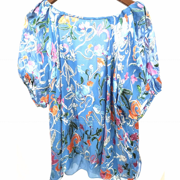 Tanya Taylor | Silk Blue Floral Puff Sleeve Top NWOT Sz 20 - Picture 5 of 8